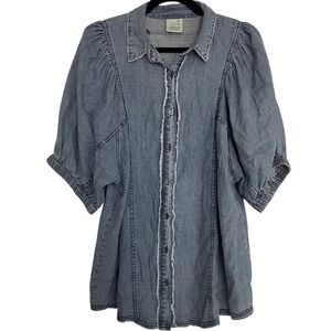 Rare Jaded Gypsy Come My‎ Way Shirt Chambray Denim Button Puffy Sleeve L/XL